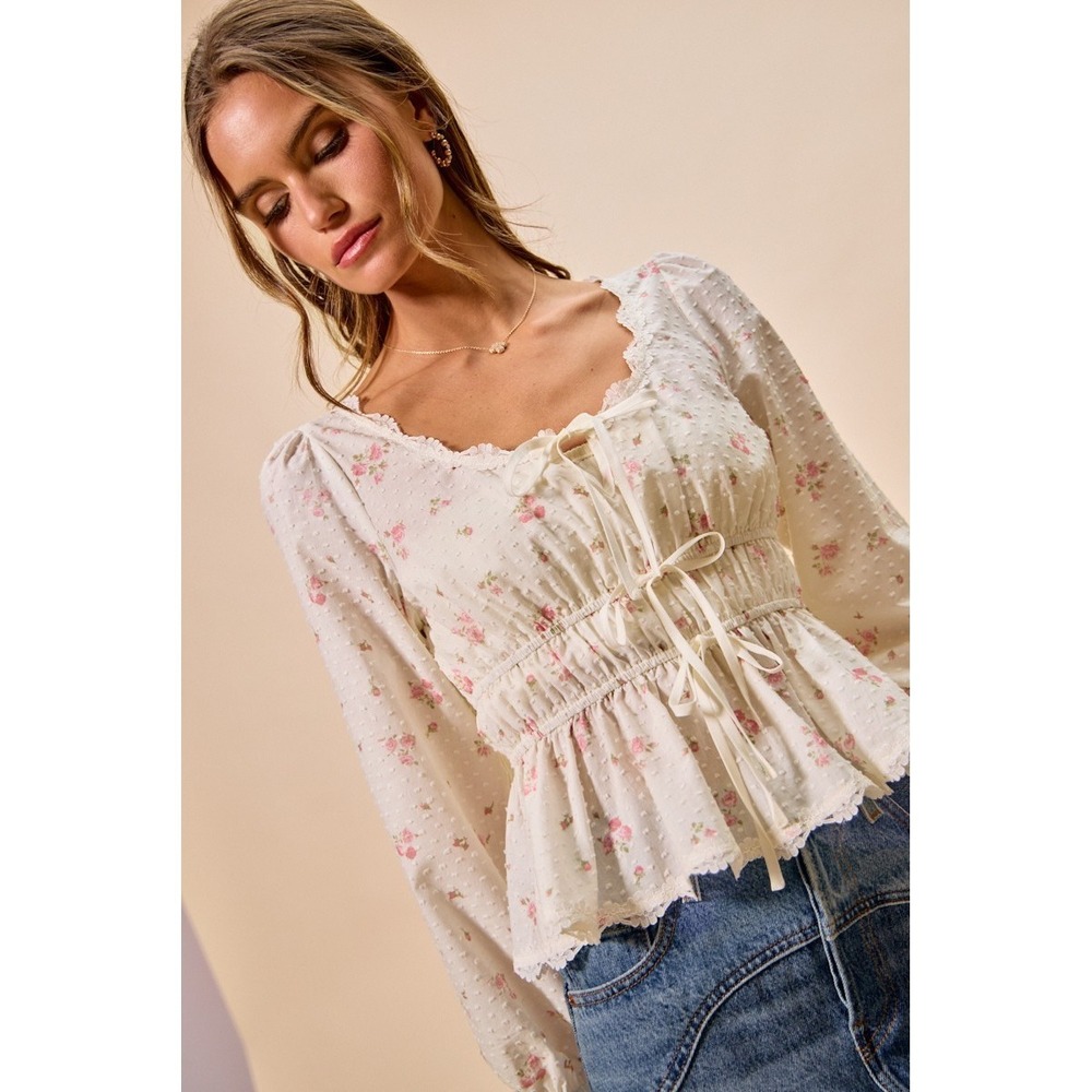 SO ME Floral Clip Dot Lace Trim Ruched Bodice Blouse - White - Medium - Picture 10 of 16